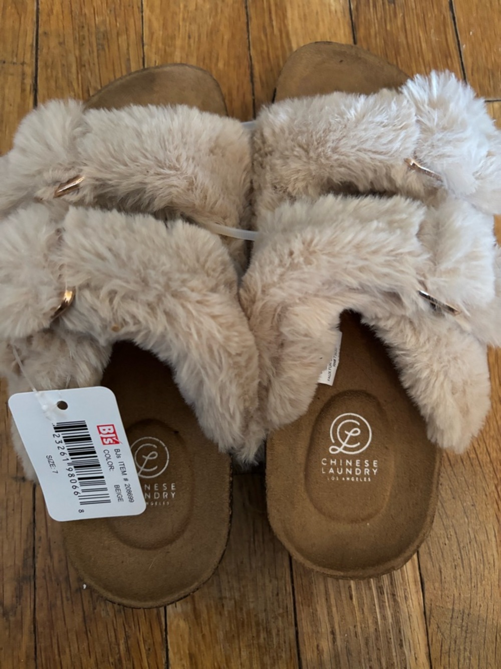 BNWT by Chinese Laundry Beige Furry Double-Strap Slide Sandals